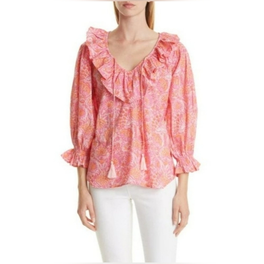 NWT Millie Resort‎ & Travel Oversized Pink/Orange Floral Ruffle Tie Top Size XXS
